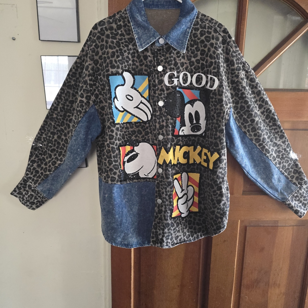 Mickey Mouse Woman Leopard Print Denim Patch Style Jacket - Black/Blue